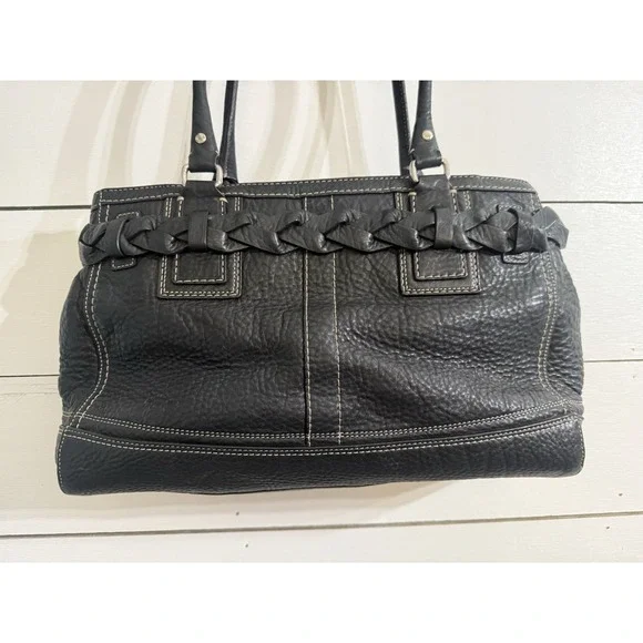 Coach Hampton F13087 Braided Trim Tassle Black‎ Pebble Leather